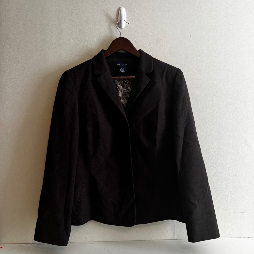 Ann Taylor Chocolate Brown 100% Wool Blazer Jacket Size 10 Snakeskin Print